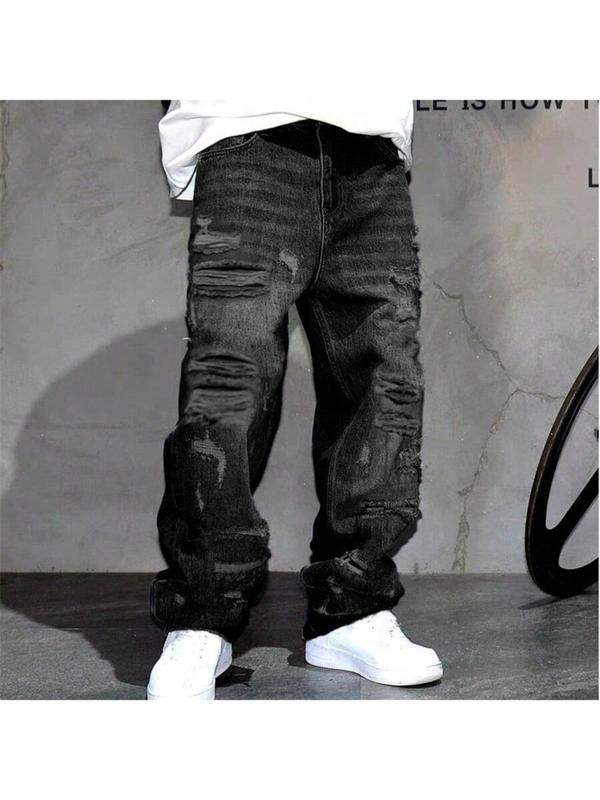 Men's Korean Style Casual Patched Ripped Wide Leg Jeans, Loose Fit Straight Tube Pants, Trendy Cool Design, All Seasons