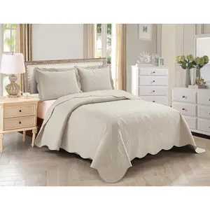 3pc Full/Queen Over Size Elegant Embossed Bedspread Set Light Weight Solid Beige New Stacy