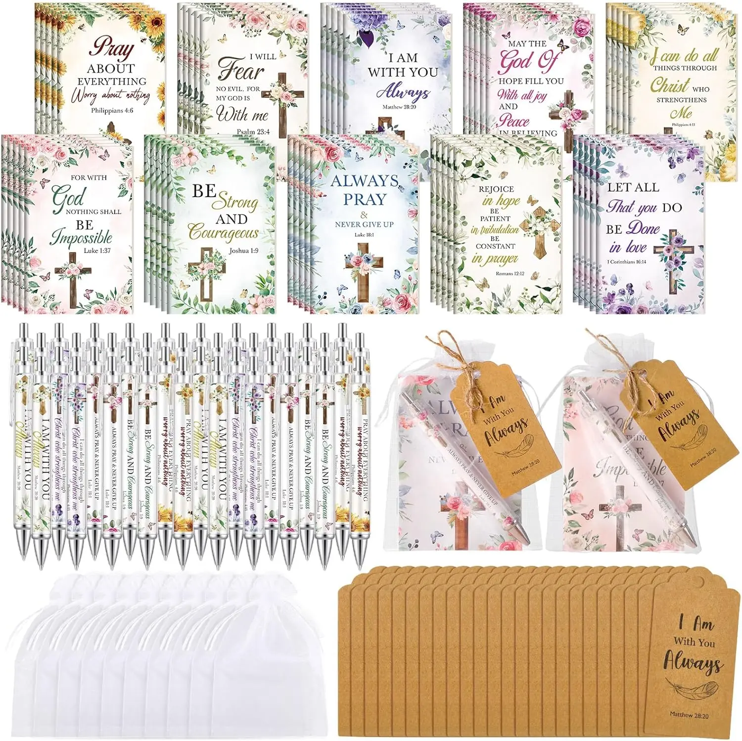 Christian Gifts 50set Ballpoint Pen Notebook and Thanks Tags Bible Verse Pen Inspirational Pen Bible Study Supplies Religious Gift for Christian Women Church Sunday Prayer, Mother's Day Gift