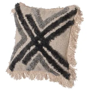 Deerlux Decorative Cushion Cover - QI004299.CS, 16in Handwoven Cotton & Silk, Fringed Edges, Embossed Crossed Lines, Rustic Moroccan Vintage Black & Natural