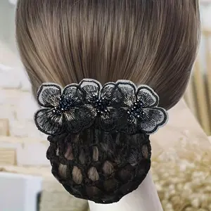 Women's Elegant Floral Hair Bun Net Clip - Polyester and Spandex, Professional Hairstyling Accessories