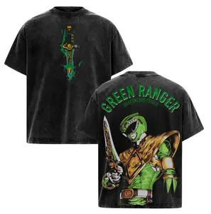Vintage Oversized Double Printed Washed Tee | Green Ranger Power Rangers Oversized T-Shirt, Short Sleeve, Round Neck, for Men and Women, Suitable for All Seasons
