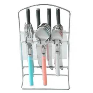 17 Piece Aura Flatware Set with Storage Rack Multicolor, Service for 4