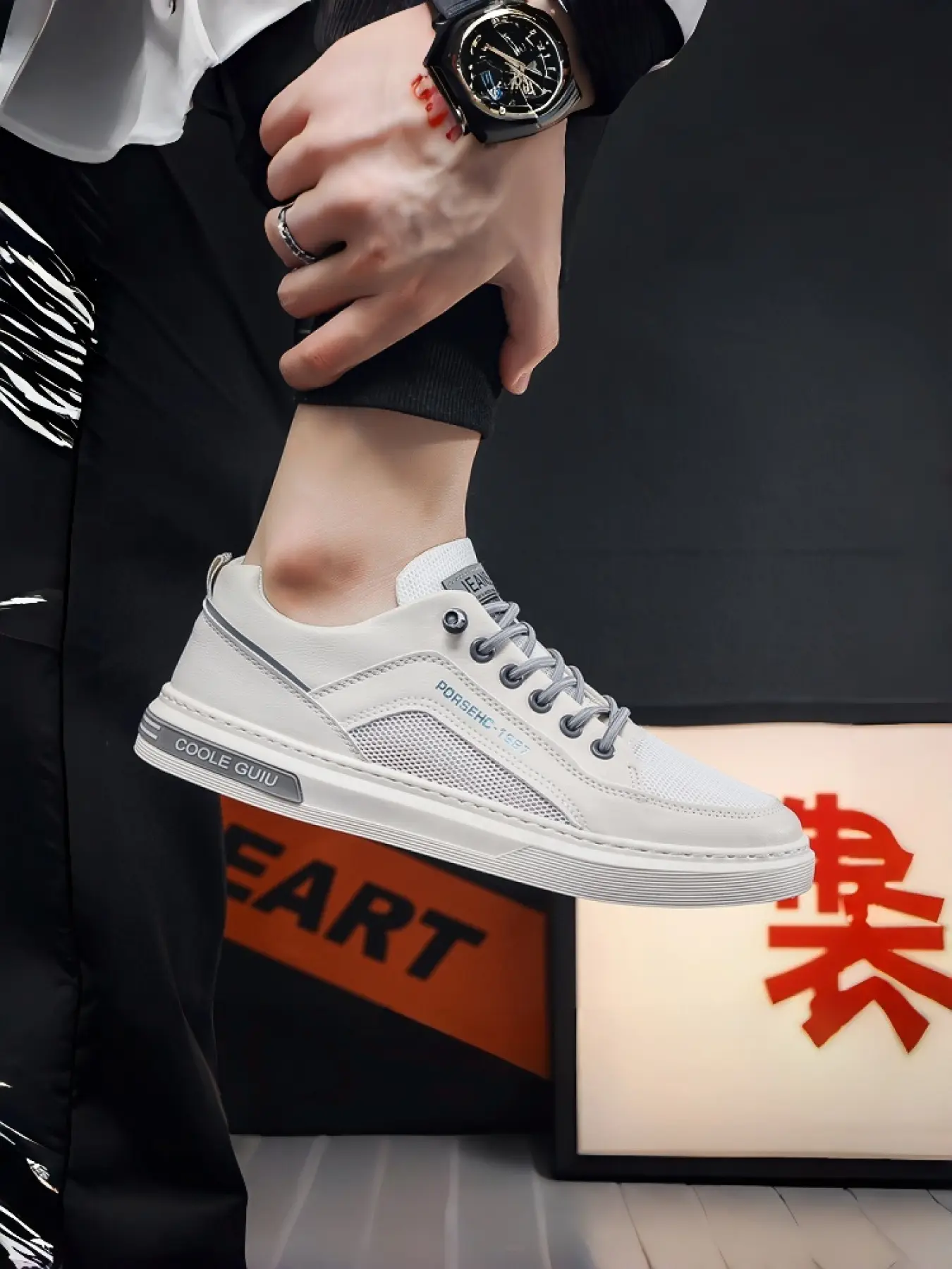 Men's Spring Summer Sneakers | Breathable Mesh & Cut-Out Skate Shoes | Lightweight White Campus Sneakers Casual Walking Sneakers Trendy Walking Sneaker