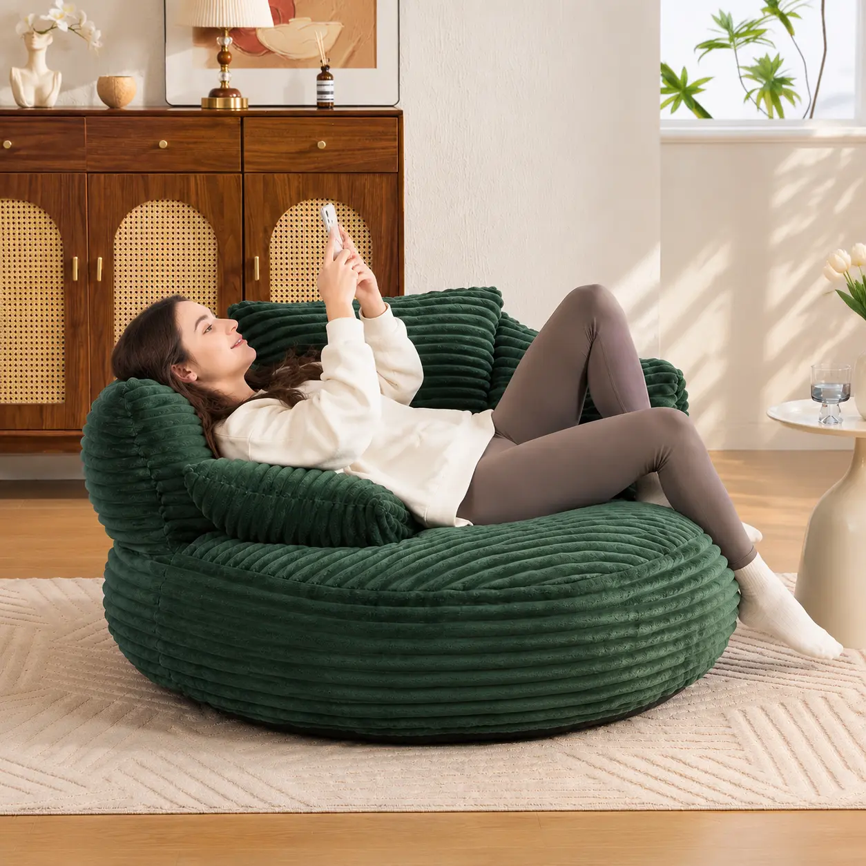 Cozy Bean Bag Hug Boneless Lounge Sofa with Cushion - Corduroy Upholstery, Fixed Arms, Foam Filler, Deep Seat, Modern Indoor Furniture for Adults' Living Room