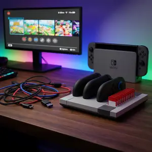 Hosanwell Switch 2 JoyCon Charger Dock, 4-Controller Fast Charging Station with 11 Game Card Storage, Magnetic Retro Charging Stand for Switch 2 JoyCons