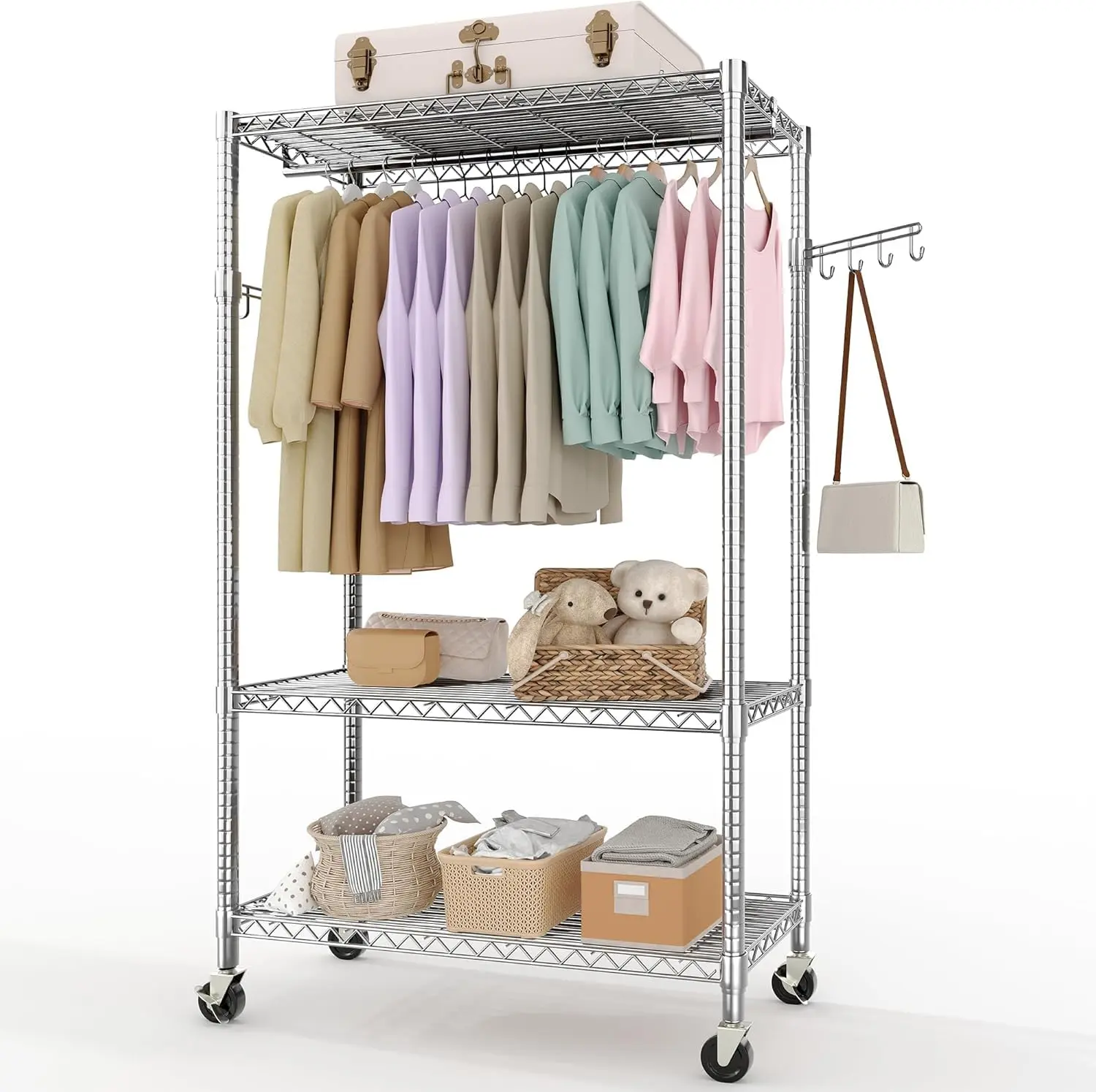 Garvee Coat Rack with 3 Shelves on Wheels, Adjustable Shelves and 2 Rods for Hanging, Durable Coat Rack, Wardrobe Organizer, Freestanding Wardrobe for Hanging Clothes, 192 cm Height x 115 cm