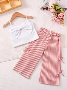 Toddler Girls Summer Hot Sale Cami Set, Big Bowknot Tank Top + Striped Wide Leg Pants 2-Piece Outfit, Sweet Cute Versatile Clothes, for 2-7 Years Old Toddler Baby Girls, Daily/Vacation/Outing Wear, Gift Sets