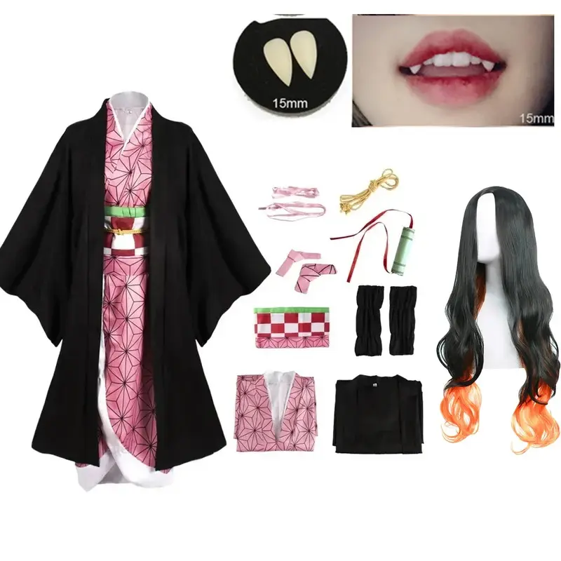 Anime Kimetsu No Yaiba Kamado Nezuko Cosplay Costume Kimono Demon Slayer Cosplay Wigs Hairs Halloween Carnival Women OutfitHalloween Party