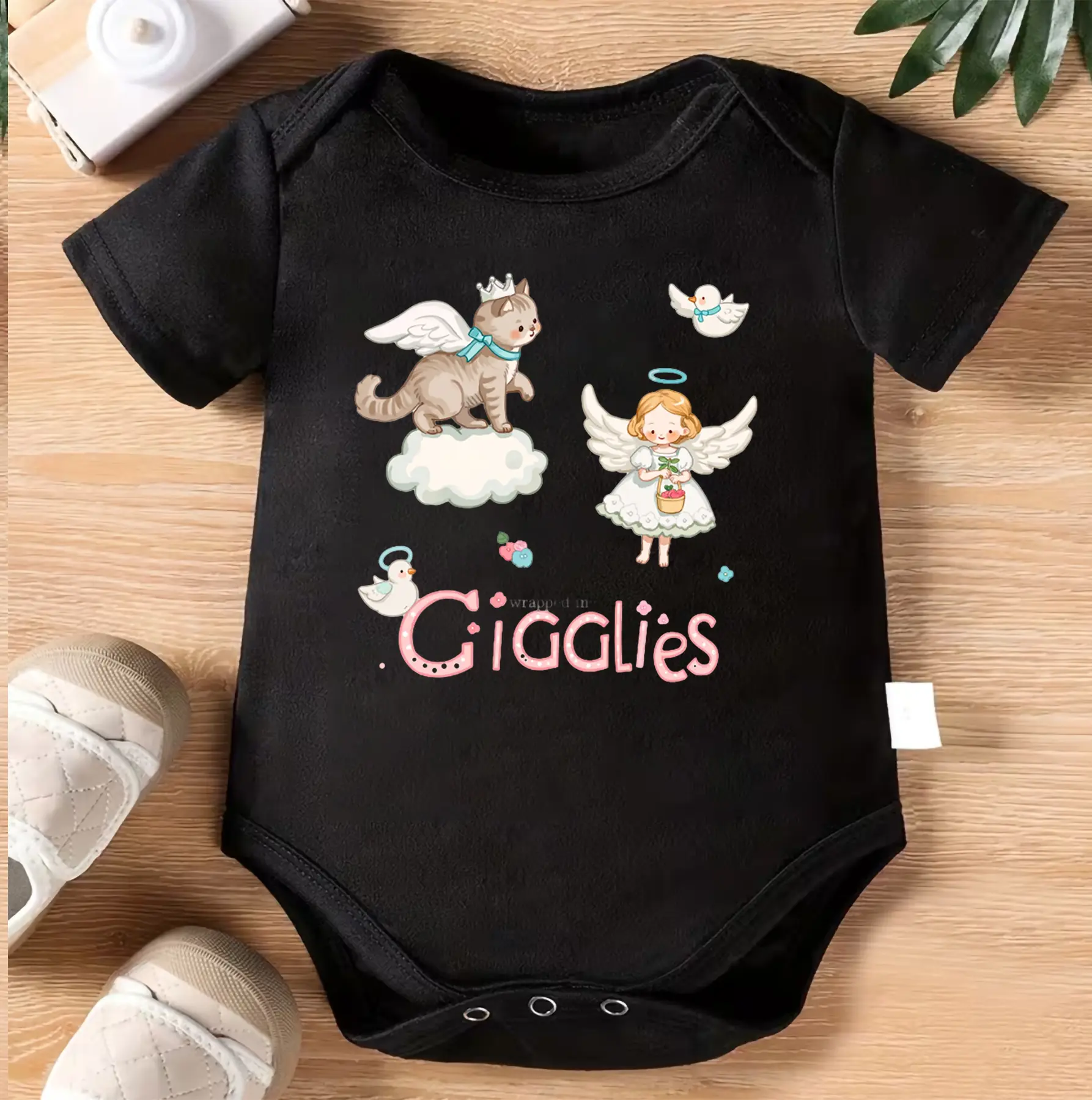Wrapped in Giggles Baby Bodysuit | Angel Cat Infant Onesie | Cute Kawaii Baby Outfit | Heavenly Kitty Newborn Romper | Sweet Angelcore Baby Clothes | Unique Baby Shower Gift