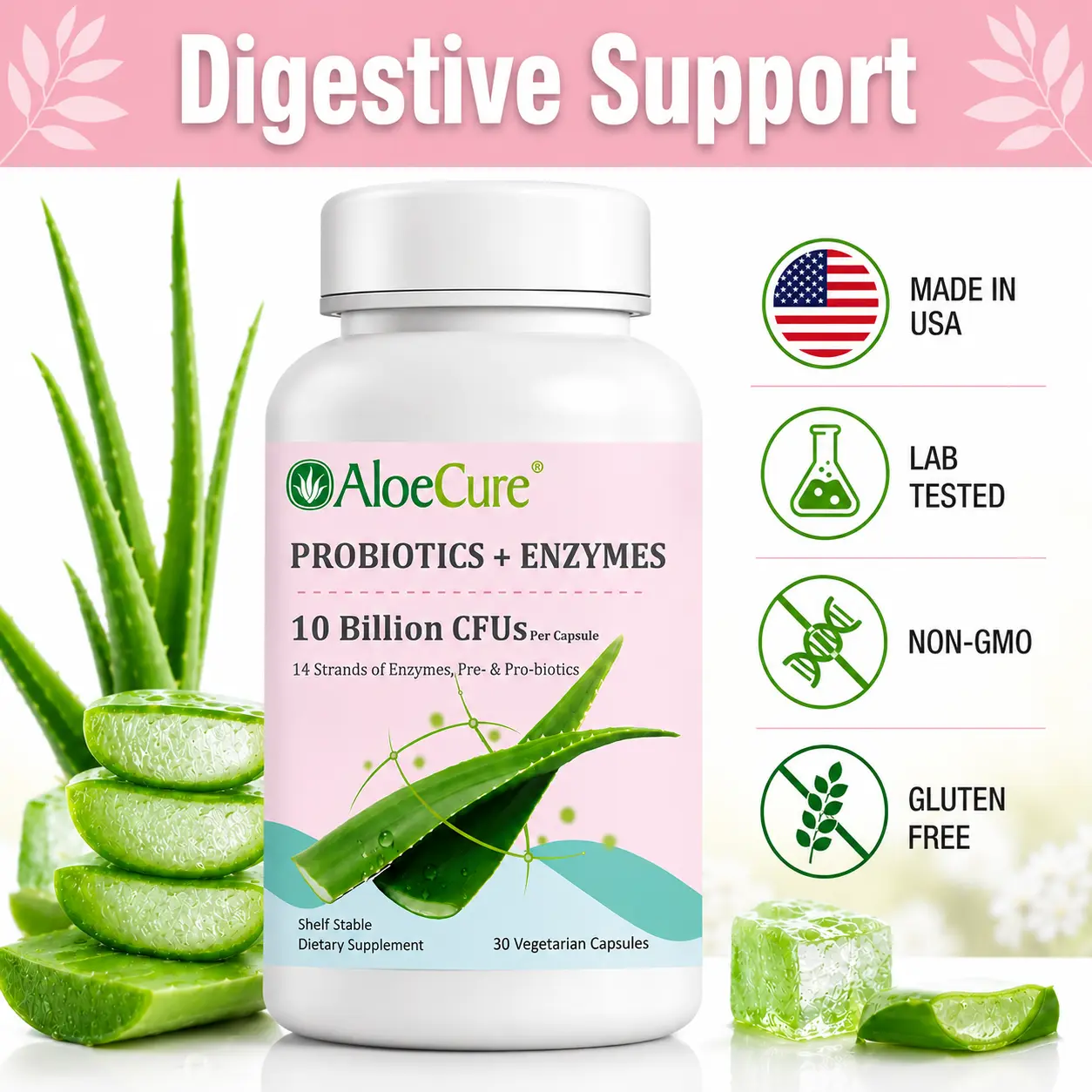 AloeCure Probiotics + Enzymes for Women's Health 10 Billion CFU 30 Capsules Organic Aloe Vera & Bromelain Digestive Support