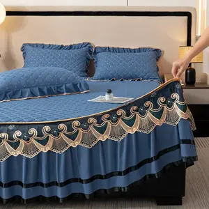 Lace Bedskirt Set with 2 Pillowcases, Thick Quilted Mattress Protector, All-Season Use, Bedroom Decor, Decorative Bedding Set