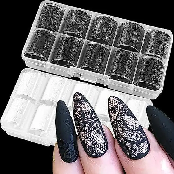 20 Rolls Lace Nail Foil White and Black Nail Transfer Foil Flower Nail Art Foils Decals Holographic Foils for Nails Manicure Stickers for DIY Acrylic Nails Decoration
