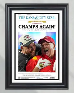 2023 Kansas City Chiefs 'CHAMPS AGAIN!' Super Bowl LVII Unframed Poster - Patrick Mahomes Era Front Page Newspaper Print - NFL Dynasty Wall Art