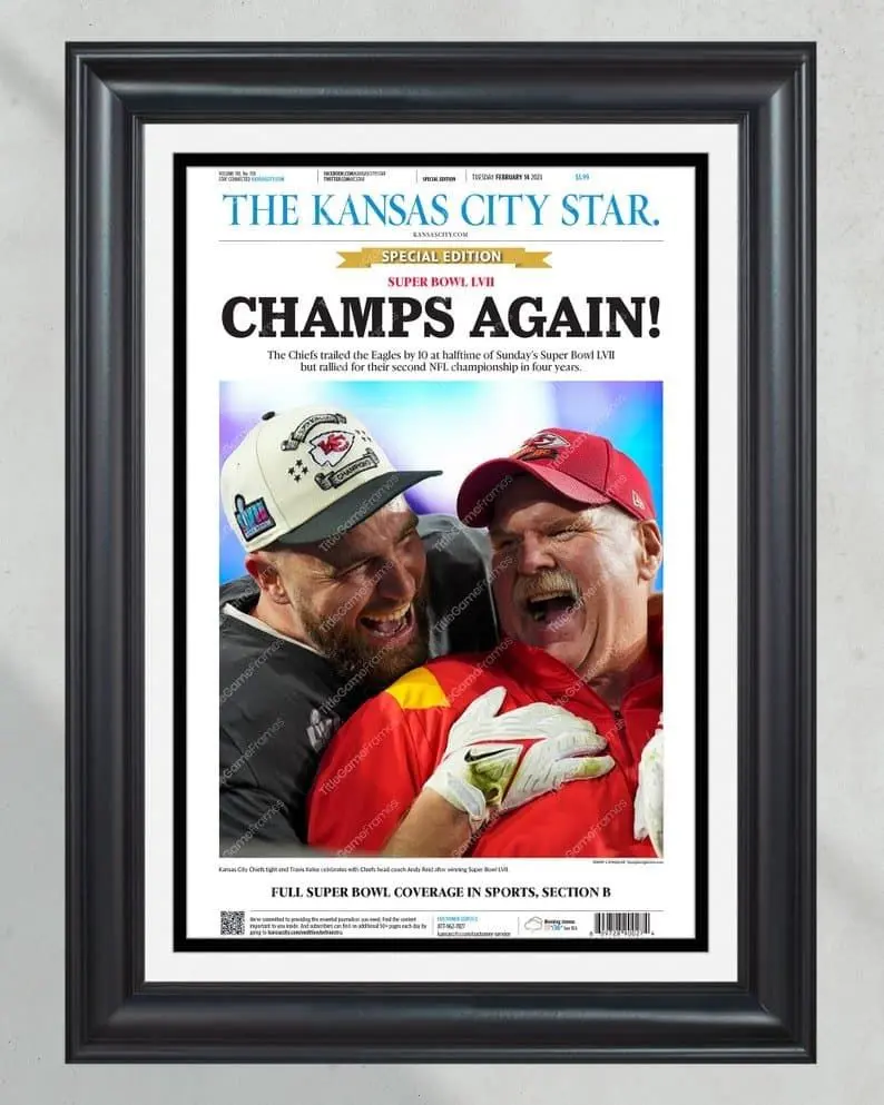2023 Kansas City Chiefs 'CHAMPS AGAIN!' Super Bowl LVII Unframed Poster - Patrick Mahomes Era Front Page Newspaper Print - NFL Dynasty Wall Art