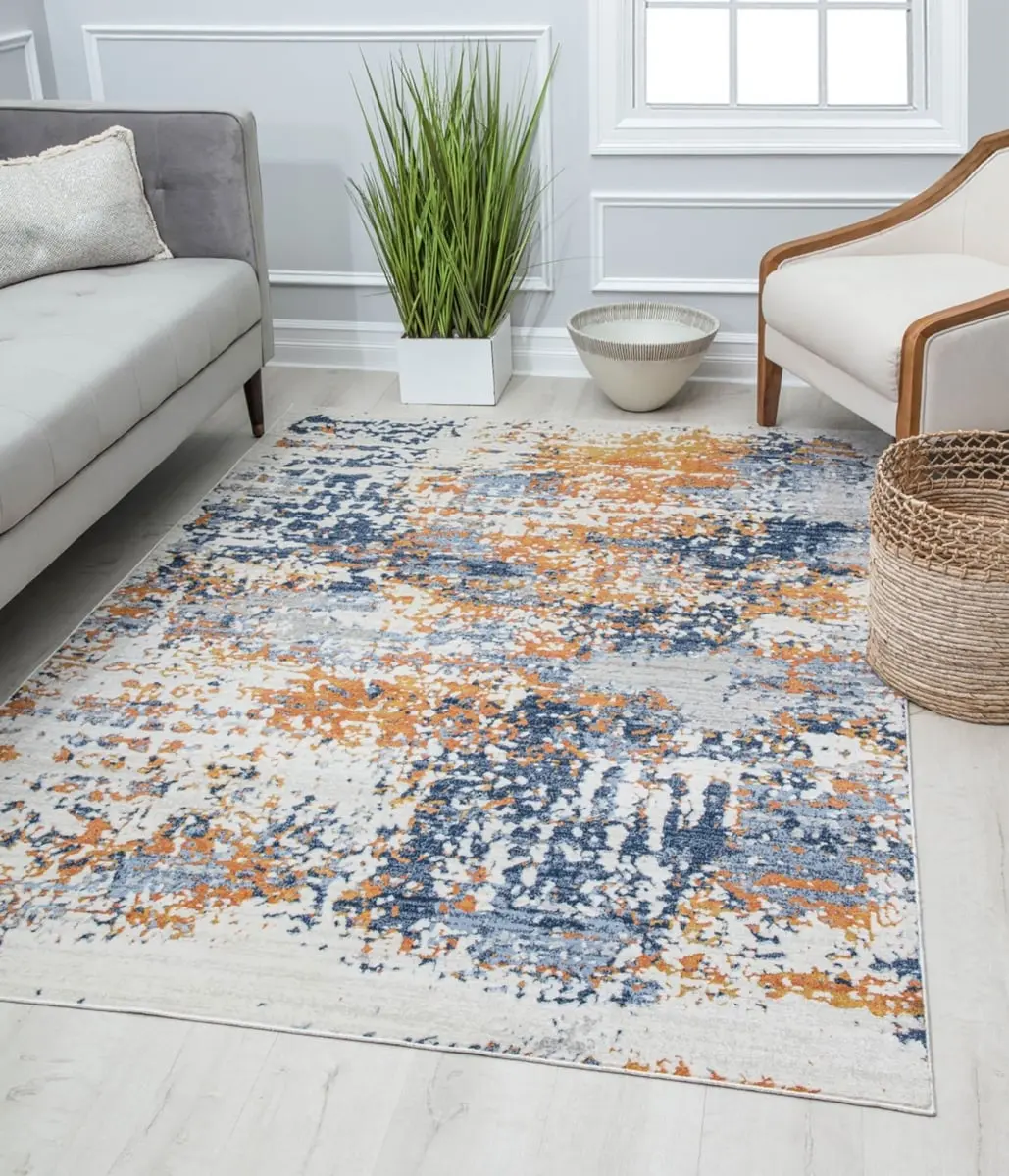 Rugs America 8x10 ft. Preston PS50A Sapphire Gold Splatter Abstract Vintage Printed Transitional Blue Area Rug (RA30177), Abstract Area Rugs, Vintage Printed Rugs