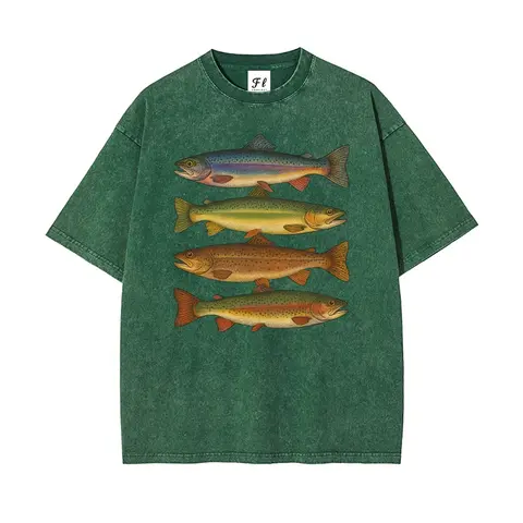 Menswear Vintage Unisex Cut Short-Sleeve T-Shirt - Pure Cotton Fabric, Snowflake Wash Batik, Hot Stamped Trout Fishing Design, Micro Elastic Loose-Fit Round Neck, Pre-Shrunk Super Soft All-Season Streetwear Top, Shareable Style