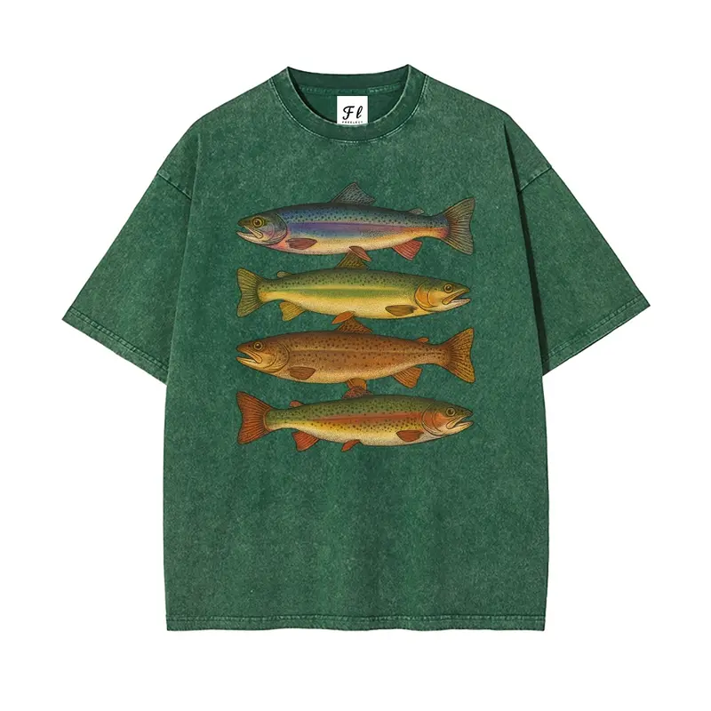 Menswear Vintage Unisex Cut Short-Sleeve T-Shirt - Pure Cotton Fabric, Snowflake Wash Batik, Hot Stamped Trout Fishing Design, Micro Elastic Loose-Fit Round Neck, Pre-Shrunk Super Soft All-Season Streetwear Top, Shareable Style