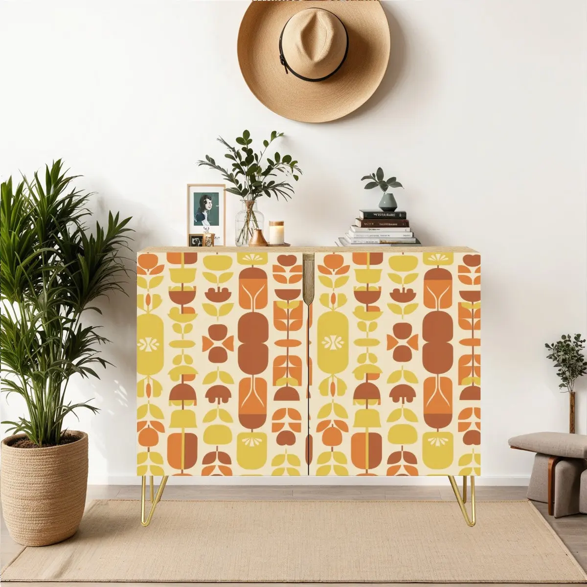 Mid Century Modern Nordic Modern Danish Moderinsm Orange, Yellow Floral Wooden Storage Cabinet