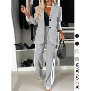 Women's Striped Print Blazer Jacket & Wide Leg Pants Set, Casual Fitted Suit for All Seasons, Stylish Ladies' Clothing EnsembleGift