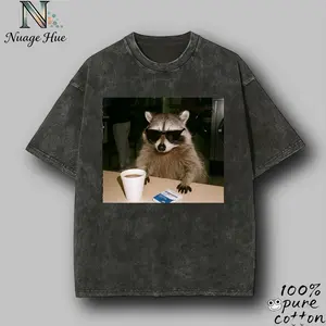 Raccoon with Coffee & Sunglasses at Laundromat Meme – Vintage Washed Oversized 100% Pure Cotton T-Shirt, Unisex Retro Shirt Gift for Relatable Meme Fans