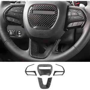 Carbon Fiber Style Car Steering Wheel Trim Cover Panel for Dodge Challenger Charger 2015-2023 and Dodge Durango 2014-2020 Auto Interior Decorations Accessories Center Console Protection Covers