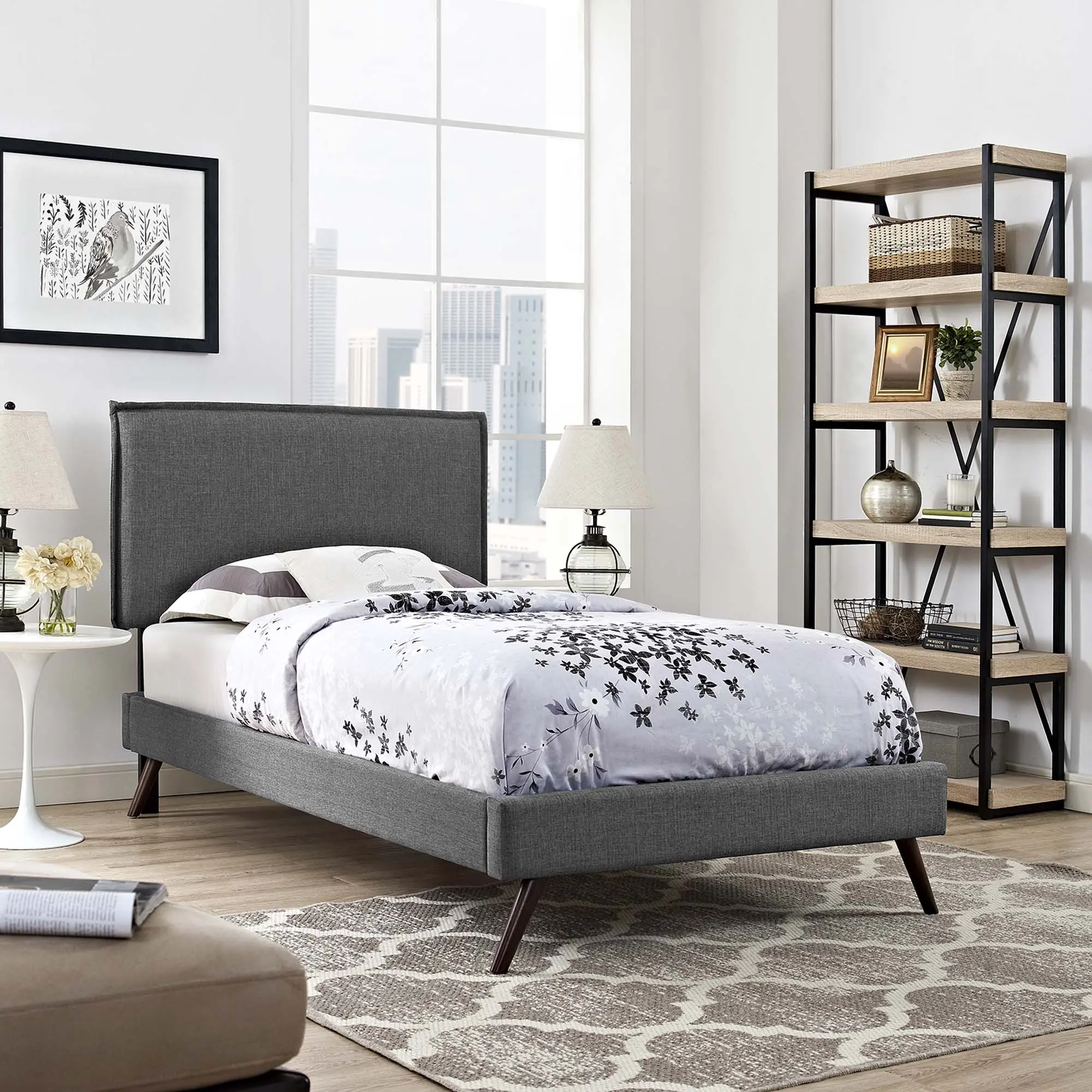 Modway Amaris Twin Fabric Platform Bed Frame with Twin Headboard, Round Splayed Legs, Centered Supporting Bar, Assembly Required - Gray Fabric Bed Frame