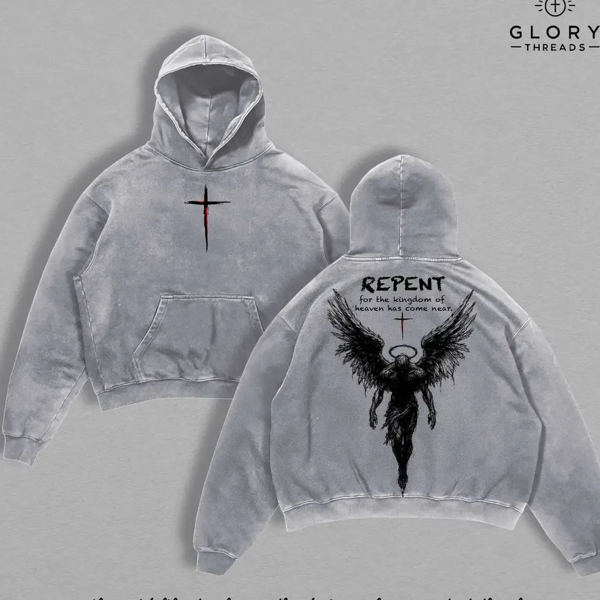 Repent Vintage Washed Oversized Christian Hoodie, Angel Wings Faith Graphic Hoodie, “Kingdom of Heaven Has Come Near” Gospel Streetwear Top, Heavy Cotton Unisex Retro Worship Shirt IW1