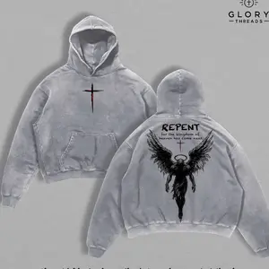 Repent Vintage Washed Oversized Christian Hoodie, Angel Wings Faith Graphic Hoodie, “Kingdom of Heaven Has Come Near” Gospel Streetwear Top, Heavy Cotton Unisex Retro Worship Shirt IW1