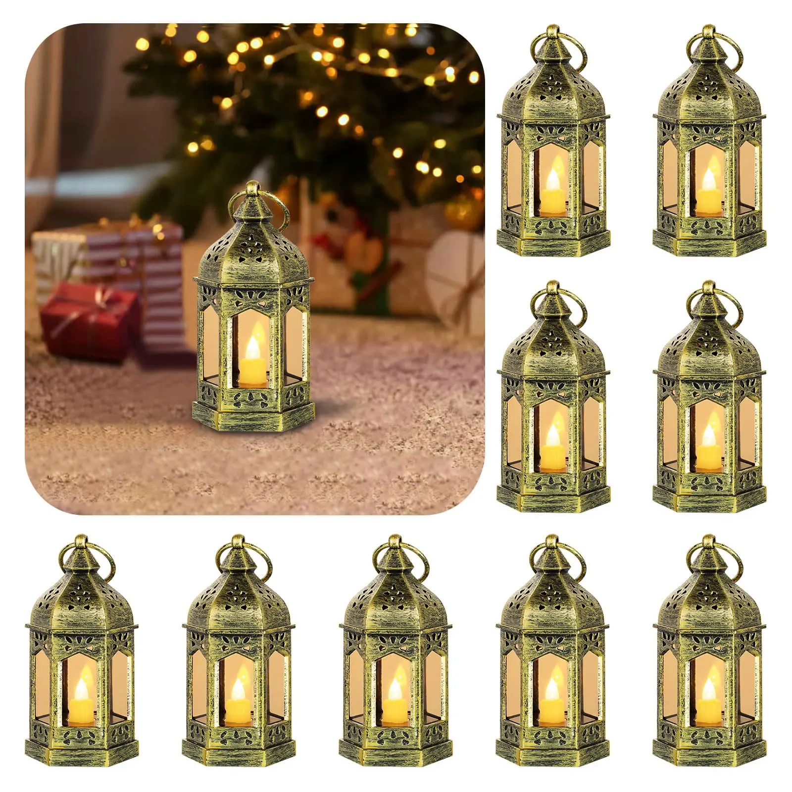 Set of 10 Mini Decorative Candle Lantern - Indoor Portable Bulk Lantern Centerpieces with Flickering LED Candle for Wedding Halloween Christmas, Flameless Candle, Hanging Vintage Decor, Batteries Included, Outdoor decoration, Mother's Day Gift summerwins