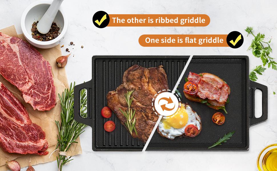 BIG HORN OUTDOORS Cast Iron Grill Plate - Double Sided Griddle with Handles for Gas Stove tops, Oven, and Open Fire - Cookware