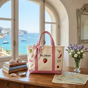 [CUSTOM NAME] Aesthetic Canvas Tote Bag – Red Wine Straps with Cute School Embroidery