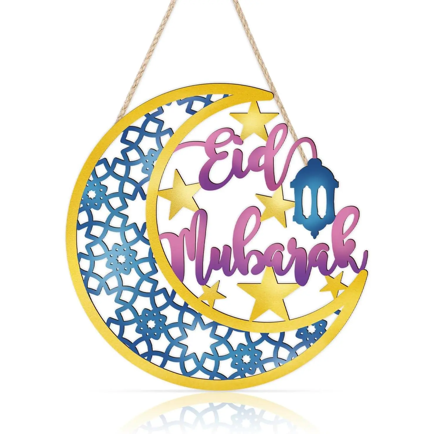 3D Eid Mubarak Lanterns Hanging Ramadan Wood Decorations Banner Door Wreath(11”X11”)Muslim Table Decor Islamic Sign for Outside Indoor Room