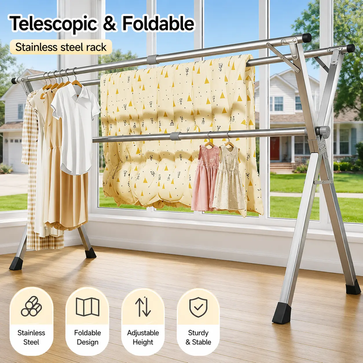 SunHome Heavy-Duty Stainless Steel Folding Drying Rack - 55"/67"/79" Extendable Laundry Rack with Socks Clips, Space-Saving Foldable Clothes Station for Quilts, Towels & Garments, Ideal for Balcony, Patio & Dorm Essentials