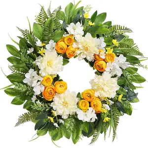 24 Inch Summer Front Door Wreath Floral with Peony Ranunculus Hydrangea for Porch Entryways Wall Window Farmhouse Party Home Seasonal Decor