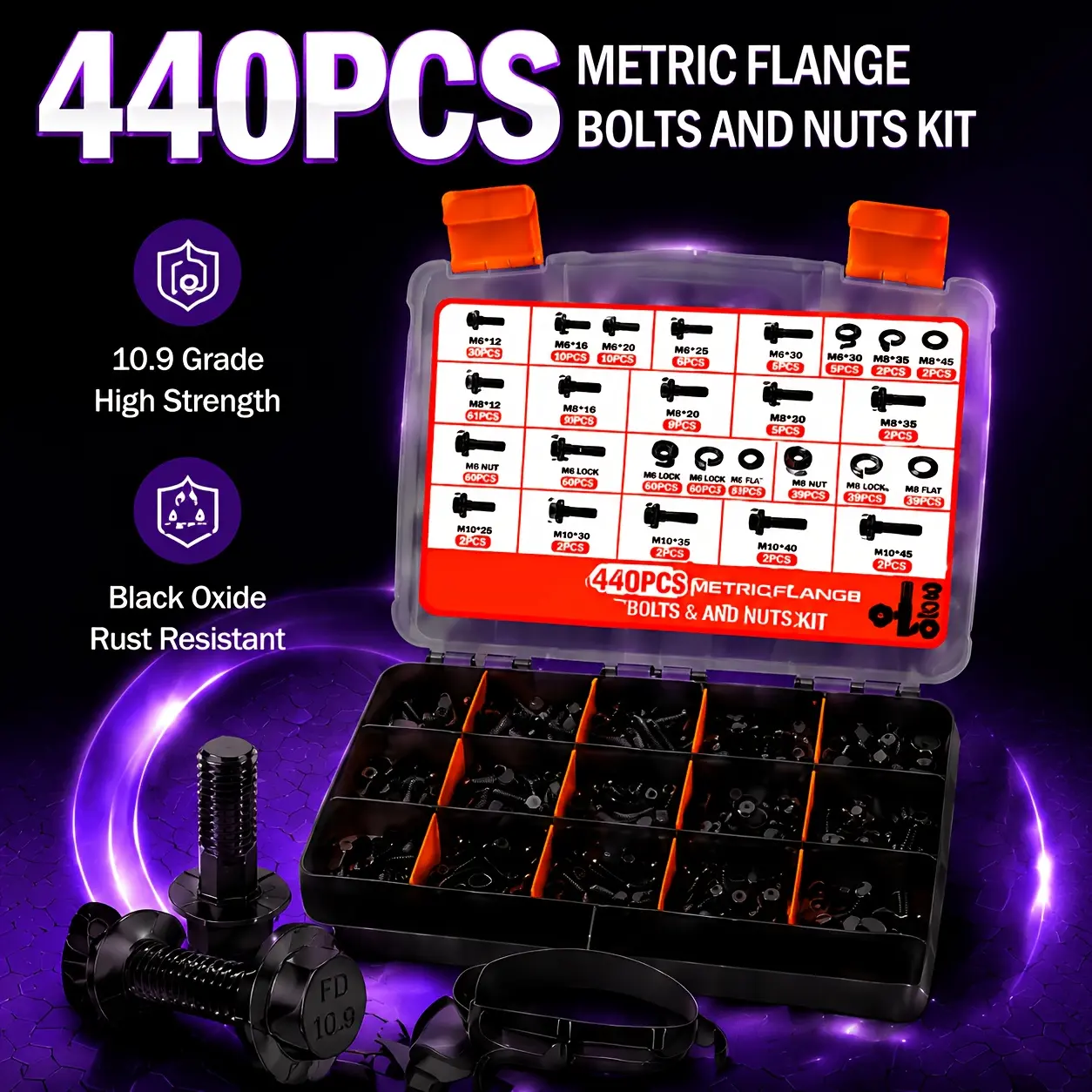 440PCS Metric Flange Bolts and Nuts Kit, M6 M8 M10 Grade 10.9 Black Oxide High Strength Fastener Assortment with Storage Box for Automotive and DIY Repairs