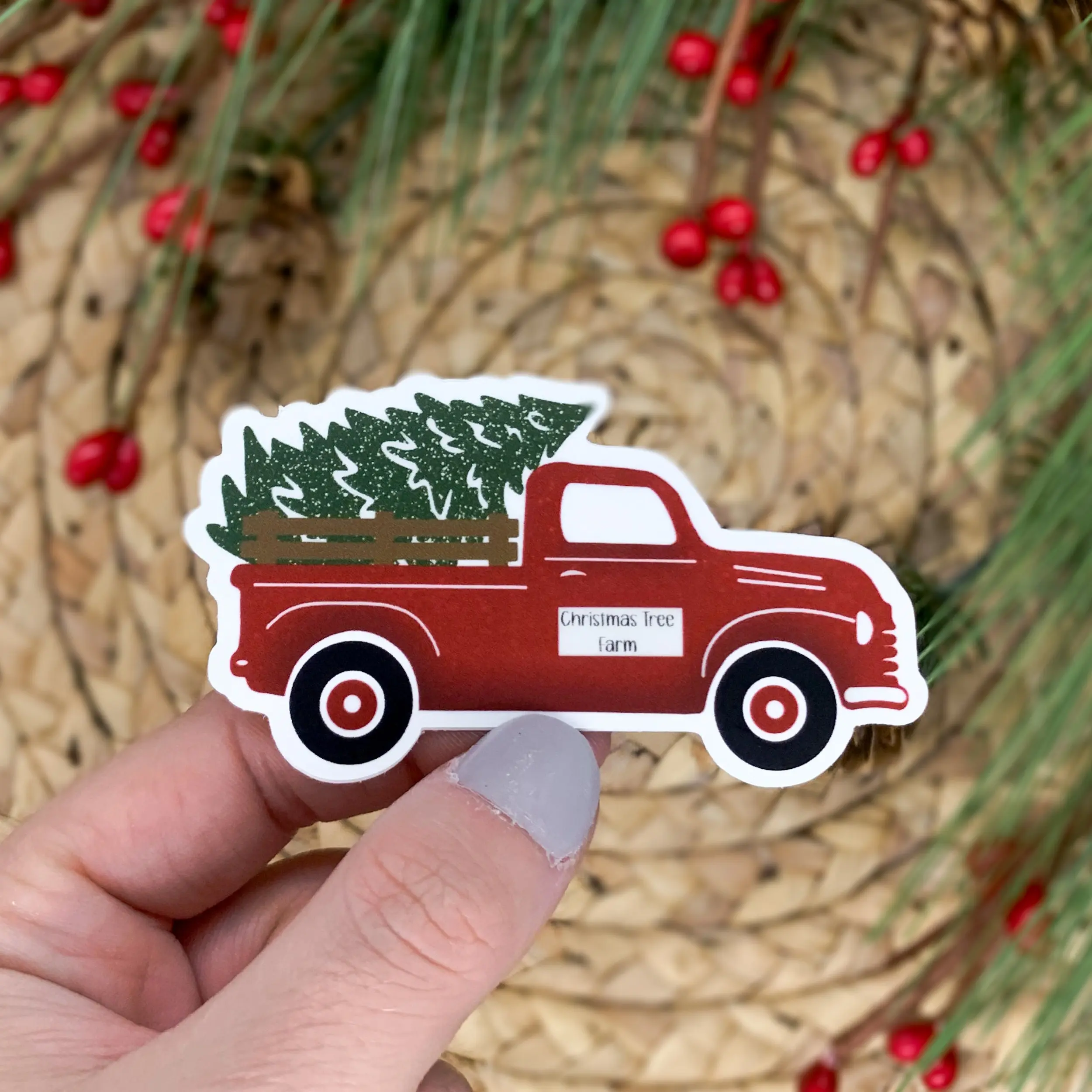 Christmas Sticker, Red Truck Sticker, Christmas Tree Sticker, Holiday Xmas Gift, Car Bumper Sticker