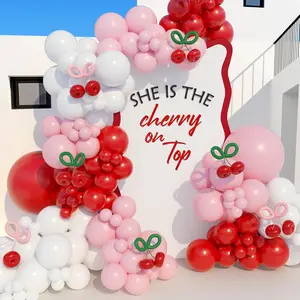 152PCS Cherry Balloons Garland Kit, Cherry On Top Theme Red Pink White Balloon Arch Kit with Glue Dots and Ribbon for Valentine’s Day, Birthday, Baby Shower, Wedding, Anniversary Party Decorations
