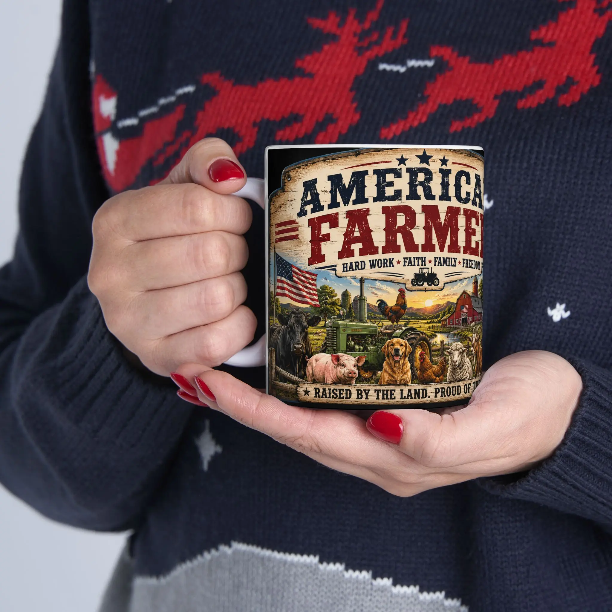 Glazed Handle Print American Farmer Vintage Farm Scene Mug - Rustic Country Coffee Cup with Horse, Barn, Flag