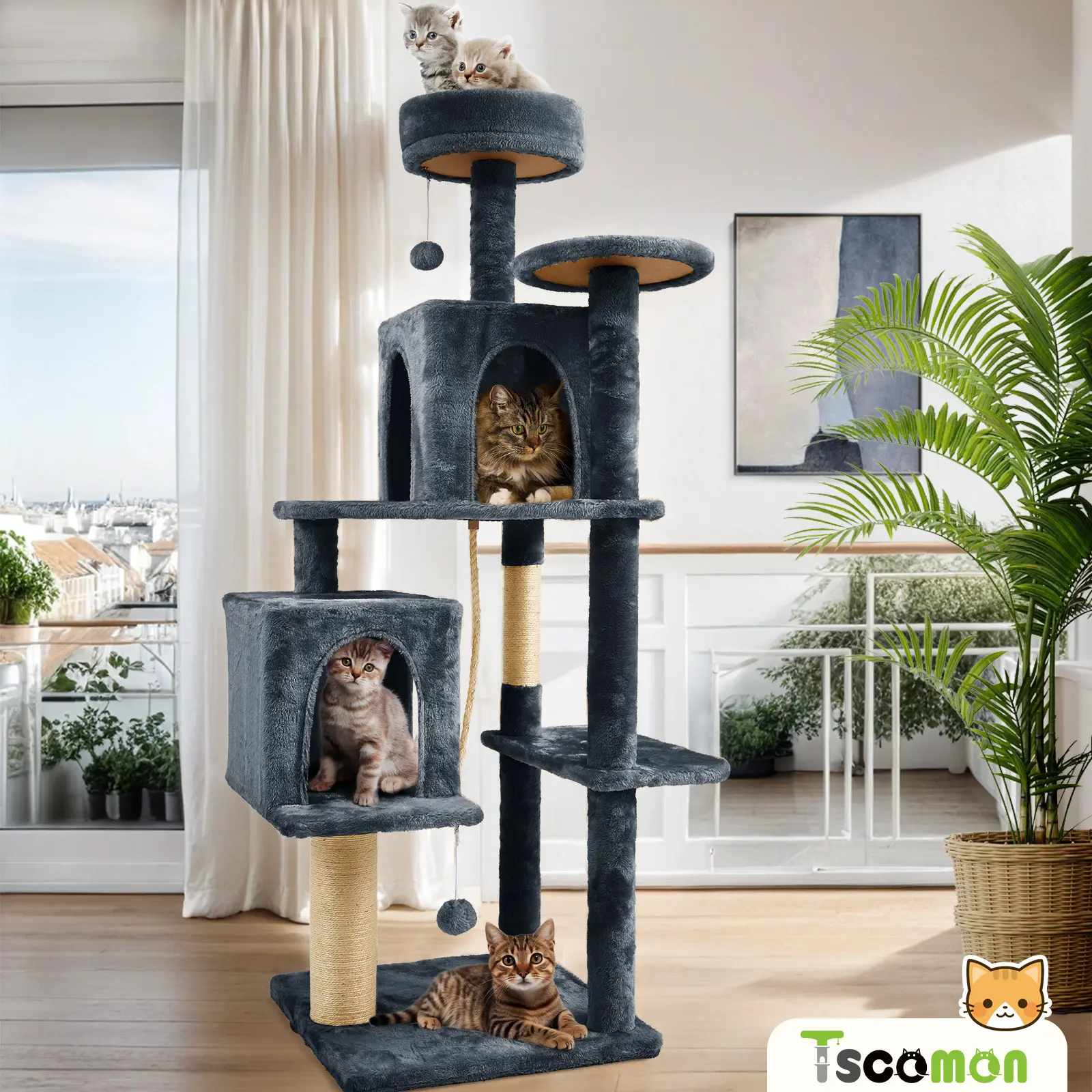 58"    Tower for Indoor  Tall Condos Scratching Post with Hanging Toy  Furniture for Kitten Pets Play multi-level modern ceiling  Christmas Themed   Sloped Sisal  Scratcher Ramp natural 2-3 Leather Cat Scratch Protector spacious sofa cozy luxury wall