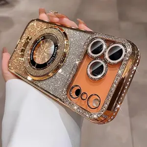 Luxury Plating Diamond Glitter Holder Stand Phone Case For iPhone17 16 15 14 13 12 Pro Max For Magsafe Lens Protector Back Cover iphone  17  proma