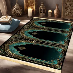 1pc Royal Blue Gold Prayer Mat - 100% Polyester, Machine Washable, Indoor/Outdoor Use, Ideal for Pilgrimage, Meditation & Home Decor, Muslim Prayer Rugs