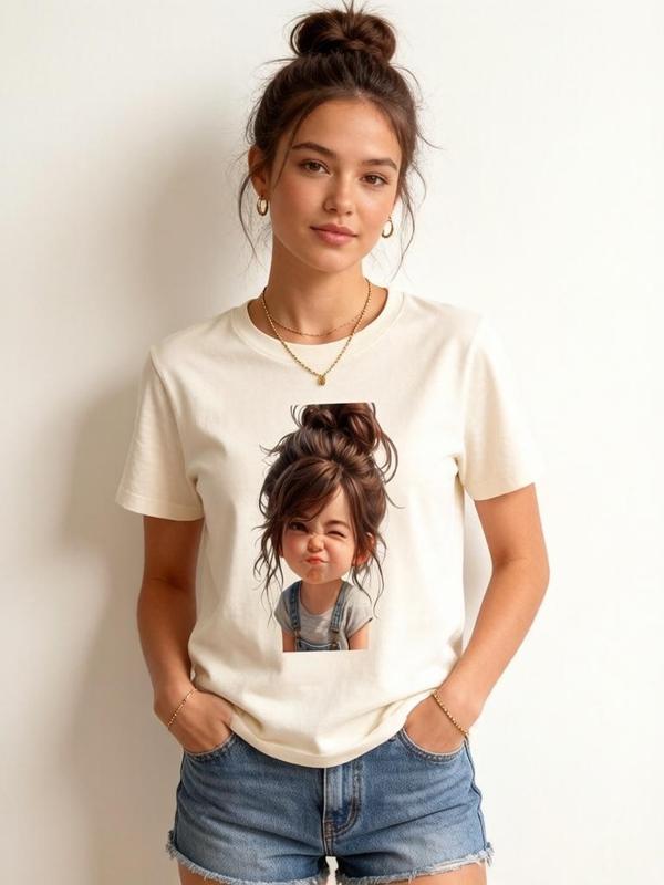 Women's Plus Size Fitted Casual Short Sleeve Graphic Cotton T-Shirt - Elastic Fabric, Sassy Messy Bun Crew Neck, Cute Business Anniversary Top