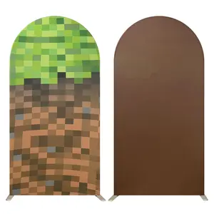 6.5ft Double Sided Pixel Game Arch Cover Stretch Spandex Arched Backdrop Green Block Soil Pattern Photo Background for Boys Video Game Themed Birthday Party, Kids Gamer Photo Booth Decorations
