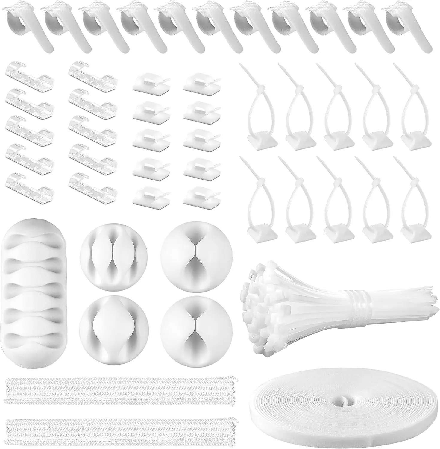 White Cable Management Organizer Kit, 2 Wire Sleeve Protector, 41 Self Adhesive Cable Clips Holder, 10pcs+2 Roll Reusable Cable Ties and 100 Cable .