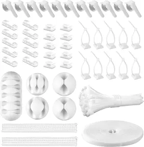 White Cable Management Organizer Kit, 2 Wire Sleeve Protector, 41 Self Adhesive Cable Clips Holder, 10pcs+2 Roll Reusable Cable Ties and 100 Cable .