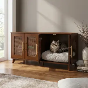 Aobtkel ® Christopher Knight Home ®   Myra Indoor Premium Rubber Wood Cat Cabinet with Cozy Cushion – Stylish Hidden Pet Furniture for Modern Living Spaces#Summervibes
