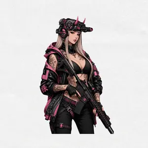 Cyberpunk Oni Girl Vinyl Sticker, Tactical Anime Waifu Decal, Pink Futuristic Gun Girl Sticker, Waterproof Laptop Car Helmet Sticker