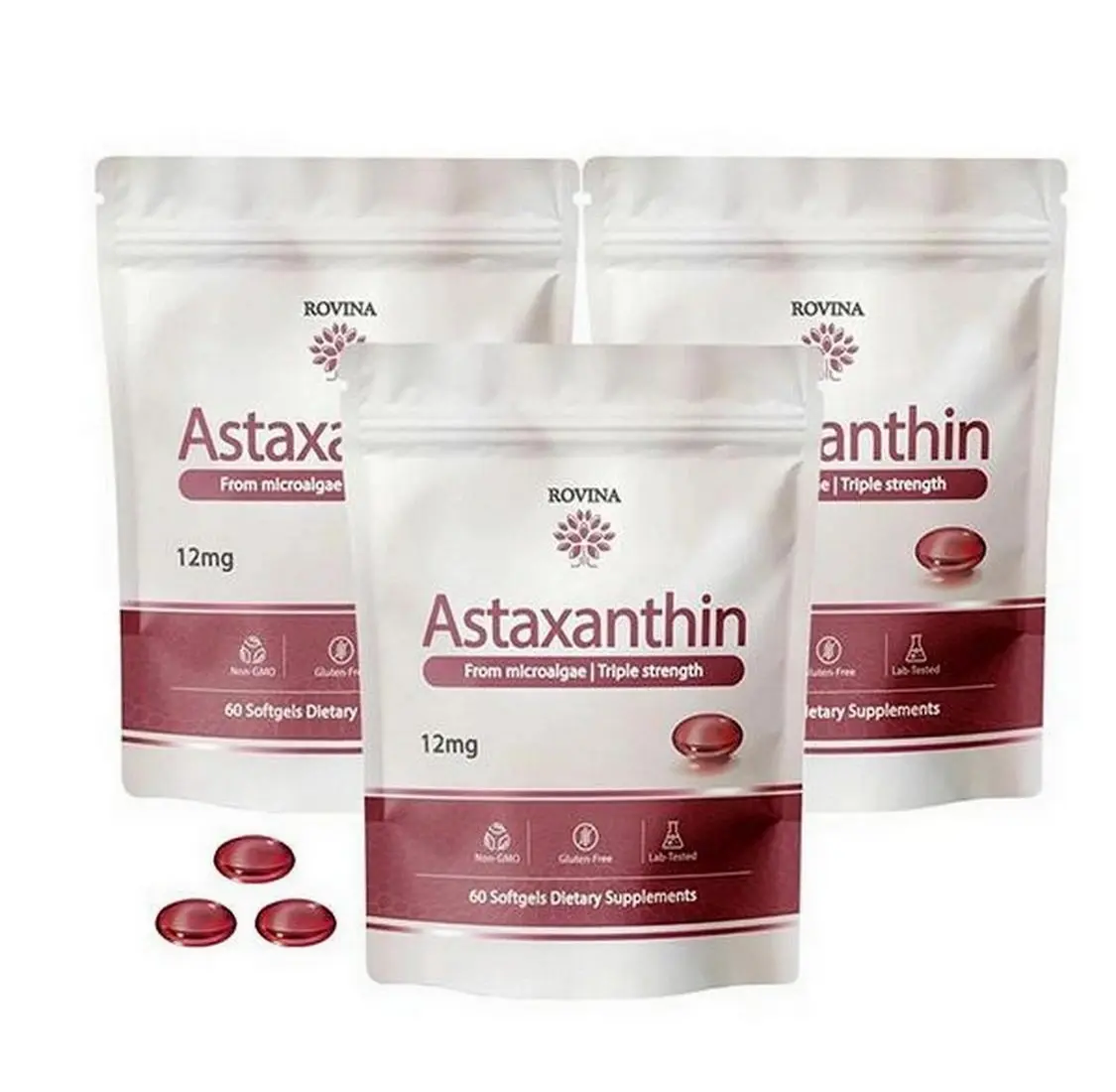 1-3 Pack, Astaxanthin 12mg Softgels from Microalgae, Triple Strength Antioxidant Supplement, Supports Eye, Skin & Cellular Health, 60 Softgels