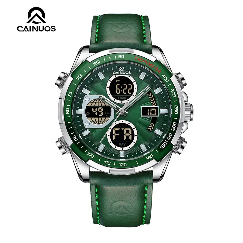 CAINUOS C8003 Men's 46mm Dual Display Quartz Watch - Genuine Leather Strap, Water Resistant, Luminous,mechanical style watch Date & Week, 12/24H Display, Fashion Casual EDC Tactical Wrist Watch